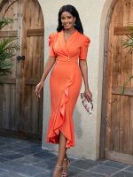 【YF】 Orange V Neck Dresses Short Sleeve High Waist Bodycon Trim Ruffles Midi Elegant Ladies Office Work Evening Cocktail Party Gowns