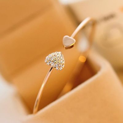 Woozu 2019 New Fashion Adjustable Crystal Double Heart Bow Bilezik Cuff Opening Bracelet For Women Jewelry Gift Mujer Pulseras