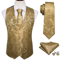 4PC Mens Extra Silk Vest Party Wedding Gold Paisley Solid Floral Waistcoat Vest Pocket Square Tie Suit Set