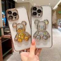 3D น่ารักการ์ตูนหมีดูดเคสโทรศัพท์สำหรับ IPhone 11 12 13 14 15 Pro Xs Max 7 8 14 Plus XR X ฝากันกระแทกแบบใสฟิล์มป้องกันเลนส์