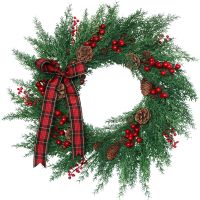 Christmas Door Wreath, Pteris Pine Berry Bow Wreath for Front Door Wall Window Fireplace Farmhouse Home Decoration