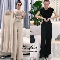 COD SDFERTGRTYTYUYU [Height ] Summer Fashion Chiffon Two-Piece Suit Womens New Style Classy Slim-Fit V-Neck Drape Top High Waist Wide-Leg Pants Influencer Two