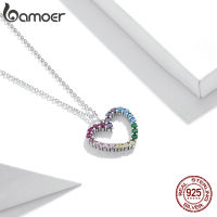 Bamoer 925 Sterling Silver Rainbow Heart Necklace for Women Pattern Love Dazzling Colorful Zircon Chain Link Jewelry Gift SCN449