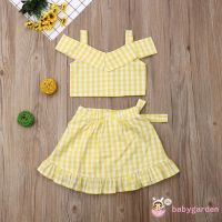 (Babygarden)-Fashion Baby Girls Plaid Off Shoulder Crop Top+Tutu