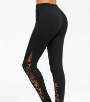 [ใหม่] แฟชั่นผู้หญิง39; S กางเกงยืดหยุ่นเอวสูง Leggings สีดำสีทึบกลวงออกลูกไม้เหมกางเกงชุดลำลอง Streetwear Y2k