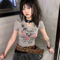 Wind womens love rose y2k retro hot girl slim fit and thin all-match gray top hot diamond print chic short-sleeved T-shirt