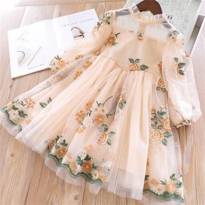 New girl long sleeve dress Korean version flower embroidered princess dress puff sleeves court style girl skirt