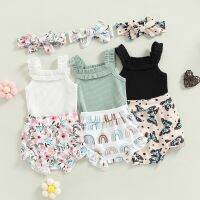 Newborn Infant Baby Girl Shorts Suit Summer Sleeveless Romper + Flower/Rainbow/Butterfly Print Shorts + Hairband 3pcs Sets 0-18M  by Hs2023