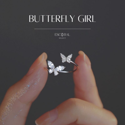 ESCOBAL💕พร้อมส่ง แหวนเงินแท้ Butterfly Girl แหวนเพชรแถวอัญมณีมงคล แหวนเพชร cz แหวนแฟชั่น แหวนผู้หญิง แหวนปรับขนาดได้
