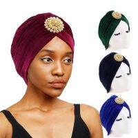 【YF】 New Velvet Jewelry Brooch Turban Hat Muslim Ruffle Knotted Headscarf For Women Hijab Luxury Headdress Hair Accessories Turbante