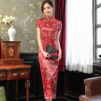 【CW】 Cheongsam Plus Größe Traditionellen Frauen Chinesischen Kleid Sexy Schlank Split Satin Lange Vestidos Kleid Cheongsam Druck Asiatische Kleidung