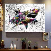 Shark Graffiti Canvas Wall Art-พิมพ์โปสเตอร์ที่มีประสิทธิภาพสำหรับคนรักสัตว์-Modern Pop Art Room Decor-ตกแต่งบ้าน