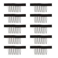 หวีฟันเหล็กหวีวิกผม7ฟัน10ชิ้นสำหรับหมวกวิกผ้าลูกไม้สีดำสแตนเลสพกพา