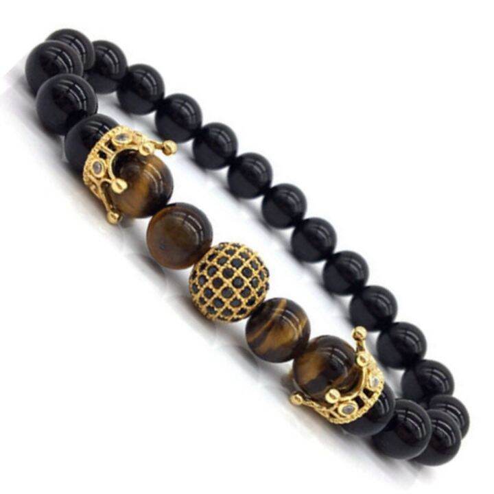 มงกุฎสร้อยข้อมือที่มีเสน่ห์สำหรับผู้หญิง-cz-king-ลูกปัดหินหินโอนิกซ์สีด้านธรรมชาติสำหรับผู้ชายปรับขนาดได้ใหม่ทันสมัย