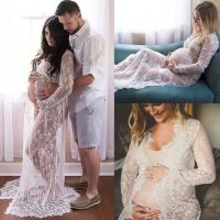 【DT】hot！ Front Split Maternity Black White Gown Photography Prop See Through