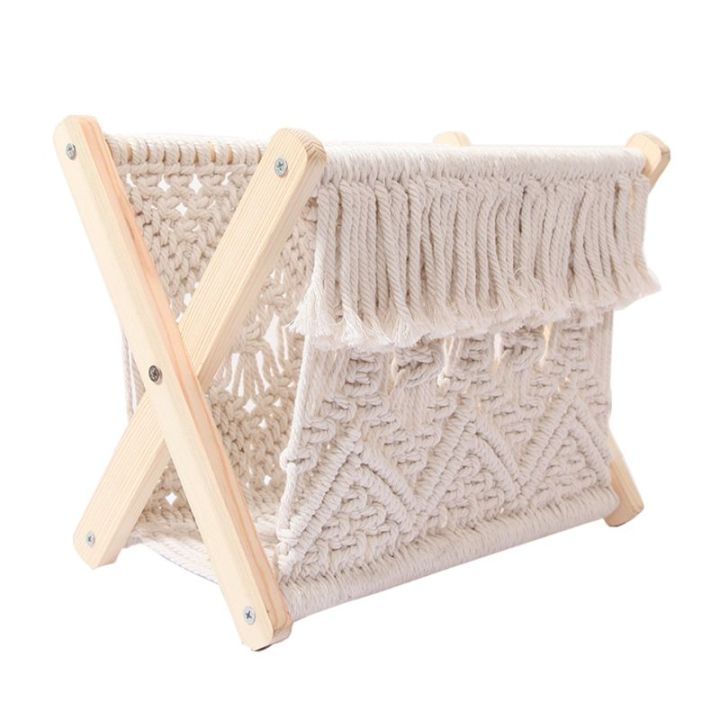 นอร์ดิกผ้าฝ้ายทอตะกร้าเก็บ-boho-macrame-ชั้นวางนิตยสารสก์ท็อปชั้นวางหนังสือ