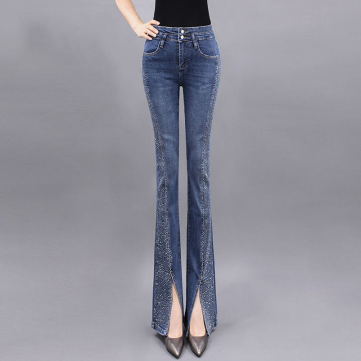 กางเกงบูทเลคเอวสูงกางเกงยีนส์ผู้หญิง2022ฤดูใบไม้ร่วงใหม่เข้ารูปพอดียืดขนาดใหญ่ Slit กางเกงขาบาน