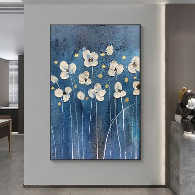 ภาพวาดน้ำมันบริสุทธิ์สีขาวดอกไม้3d สีฟ้าเหี่ยวภาพวาดตกแต่งสำหรับห้องนั่งเล่นแสงหรูหรา0717