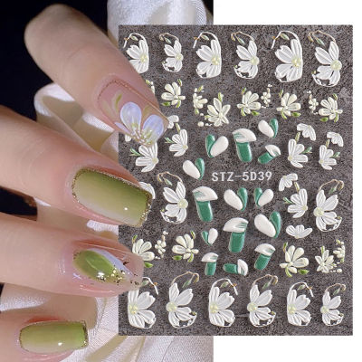 【BeautyMalls】White Embossed Flower Lace 5D Sticker Decal Wedding Nail Art Designs Floral Flower Transfer Decal Japanese Geometry