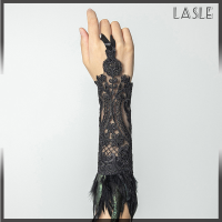 Lasle สร้อยข้อมือถุงมือครึ่งนิ้วยาวลายขนนกลูกไม้สำหรับผู้หญิงเครื่องประดับสำหรับปาร์ตี้ฮาโลวีนงานแต่งงานแบบกอธิค