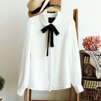 แฟชั่นสตรี เสื้อเชิ้ต คอปกพับ ผูกโบว์ สีขาว