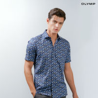 OLYMP GREEN CHOICE LUXOR Shirt เสื้อเชิ้ตชายแขนสั้นรักษ์โลก สีกรมท่า ลายพิมพ์กราฟฟิก ทรงหลวม ใส่สบาย รีดง่าย