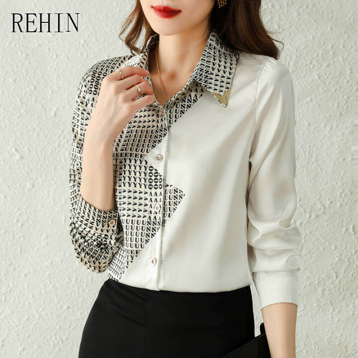 rehin-ผู้หญิงแฟชั่น-collision-ตัวอักษรเย็บเสื้อแขนยาว-elegant-lapel-ใส่ทำงานเสื้อชีฟอง