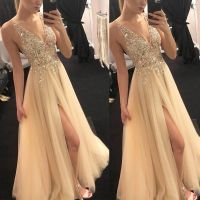 COD SDFGERTYTRRT ✨READY STOCK✨Wedding Bride Glitter Backless V-neck Maxi Dress Evening Party High Slit Dress Women Dinner Gown