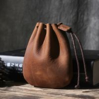 【CW】◐  Leather Coin Purse Men Cowhide Small Wallet Hard Money Drawstring Storage