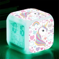 Childrens Unicorn Alarm Clock Cartoon 7 Led Night Light Desk Clocks Date Temperature despertador Unicornio Kids Birthday Gifts