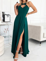 【cw】ZC-3527 European And American-Style 2022 Summer New Dress Halter Cut-out Fashion Temperament Pure Color Split Dress