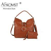 【YF】 AFKOMST-PU Bolsa de Ombro Couro para Mulheres Anel Decorativo Monocromática Casual Compras Crossbody Moda 2023