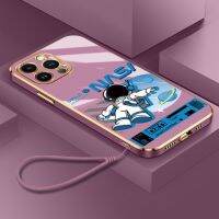 เคสนิ่มเคลือบอิเล็คโทรเพลทขอบตรงสำหรับ iPhone 15 Pro Nasa Cover Smile มนุษย์อวกาศเคสโทรศัพท์สี่เหลี่ยม