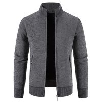 Men Cardigan Knit Sweater Autumn Winter Fleece Warm Knitted SweaterCoat Solid Stand Collar Zipper Pocket Cardigans Men Clothing