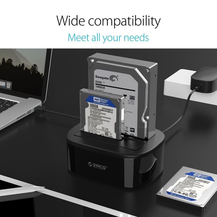 orico-แท่นวางมือถือฮาร์ดไดรฟ์แบบ-dual-bay-สำหรับ-sata-เป็น-usb-ฮาร์ดดิสก์-ssd-2-5-3-5นิ้วแท่นวางมือถือแท่นอุปกรณ์เชื่อมต่อฮาร์ดดิส3-0พร้อมอะแดปเตอร์ไฟ12v3a