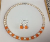 7-8mm White Pearl Orange Jade Necklace Earring Set 18"