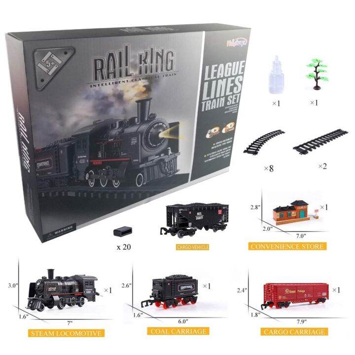 ทางรถไฟทำงานด้วยแบตเตอรี่ชุดของเล่นรถจักรไอน้ำรถไฟขนส่งแบบคลาสสิกชุดของเล่นรถไฟของเล่นไฟฟ้าจำลองควัน
