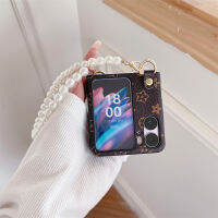 เคสฝาพับแฟชั่นสำหรับ OPPO Find N2เคสโทรศัพท์ซิลิโคนนิ่มกันกระแทกลายดอกไม้แบรนด์ทันสมัยหมีประดับมุกมีเชือกคล้องมือเคสโทรศัพท์หนังผู้หญิง