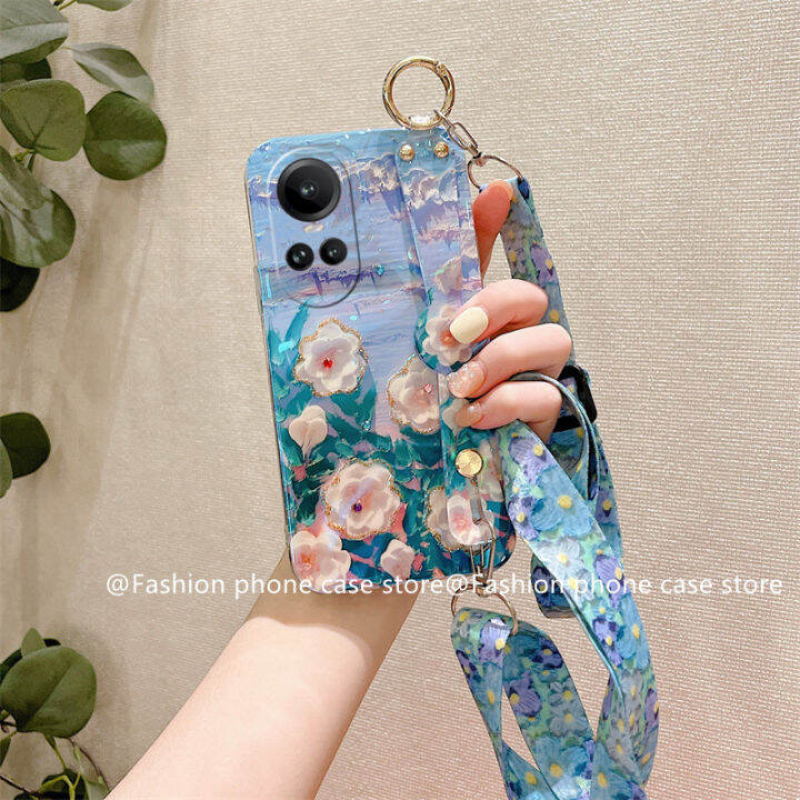 phone-case-เคส-oppo-reno10-reno10pro-reno10pro-plus-5g-เคสโทรศัพท์ภาพดอกไม้ลายน้ำมัน-rhinestone-บลูเรย์วินเทจพร้อมสายคล้องข้อมือ2023