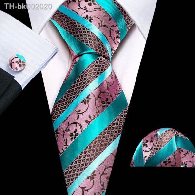 ☬¤▧ Mens Ties 2023 Teal Pink Floral Stripe Necktie Handkerchief Cufflinks Woven Sets Wedding Business Party Barry.Wang DS-6371