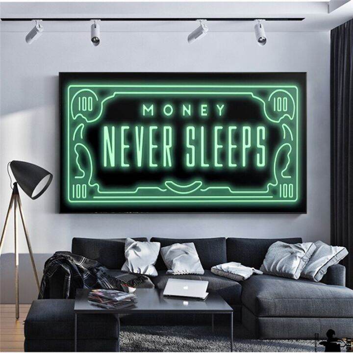 Money Never Sleep Canvas Painting Nordic Quotes Letter Money Posters ...