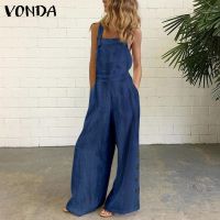 VONDA Women Summer Casual Sleeveless Pockets Button Solid Wide Leg Jumpsuit