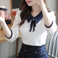 Womens Spring Autumn Style Lace Blouses Shirt Women Peter Pan Collar Solid Color Half Sleeve Elegant Lace Tops SP8676