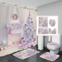 Christmas Tree Waterproof Shower Curtain Bathroom Mat Toilet Lid Cover Rugs Anti Slip Toilet Cars Set Shower Room Floor Mats