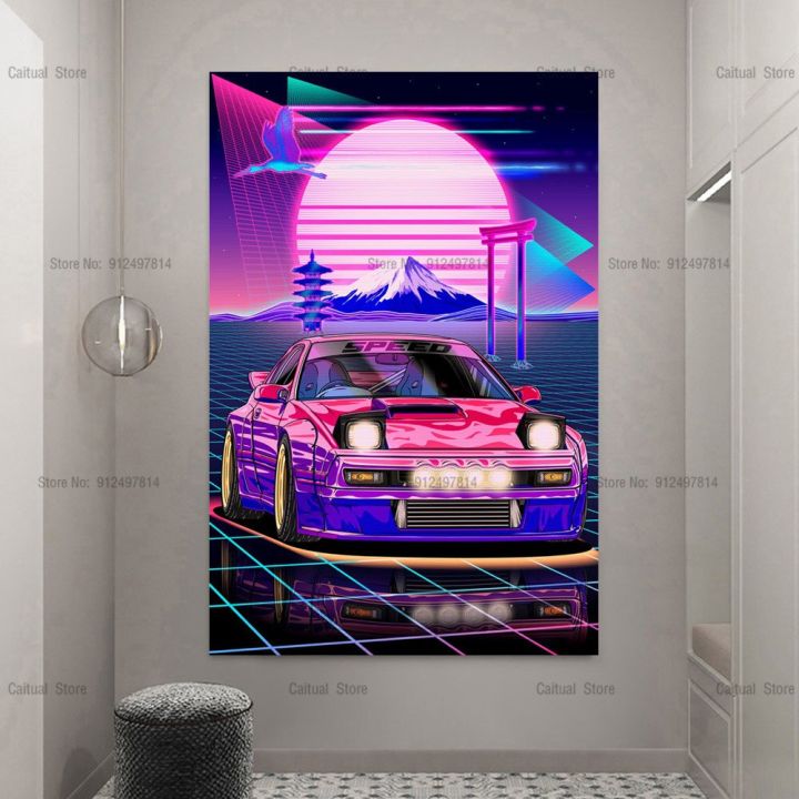 c359-tokyo-street-racing-nissan-synthwave-neon-80s-gtr-ภาพวาดผ้าใบ-wall-art-decor