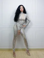 เงิน Rhinestones เปลือยสีขาวพิมพ์ Jumpsuit ผู้หญิงเต้นรําประสิทธิภาพเครื่องแต่งกายพรหมปาร์ตี้วันเกิดบอดี้สูท 20230001