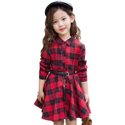 Girl Dress Fashion Plaid Shirt Dress For Girls Single-breasted Kids Party Dress With Sashes Autumn England Clothes For Girls