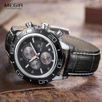 MEGIR Quartz Waterproof Chronograph Mens watches นาฬิกาข้อมือผู้ชาย สีดำ สายหนังแท้ รุ่น V03-BLK