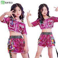 Lolanta 2Pcs กลิตเตอร์สำหรับเด็กสีม่วง-เลื่อมสีแดง Crop Tops ชุดกางเกงขาสั้นเด็ก Jazz Dance Street การเต้นรำสมัยใหม่เครื่องแต่งกายแฟชั่นฮิปฮอปเต้นรำเวทีสวมใส่