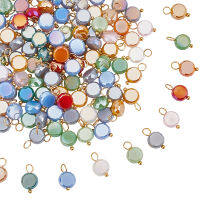 1Box 120Pcs Electroplate Opaque Glass Charms with Golden Plated Brass Loops Flat Round Mixed Color 12.5-13x8x4mm Hole: 3-3.5mm